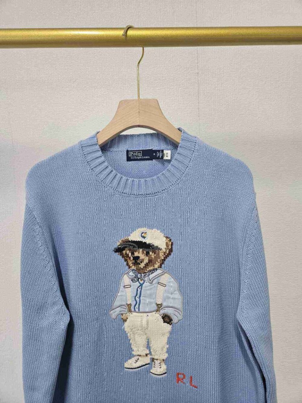 Ralph Lauren Polo‑Bear Light Blue Cotton Crewneck Knit Sweater Unisex - Picture 3 of 6